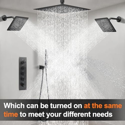 Black Thermostatic Shower System three Shower Heads with 16" Ceiling Mounted Rain Shower Head & 2 x 6" Wall Mounted Head 4 Function Full Body Shower System Can All Run Together - color: Matte Black