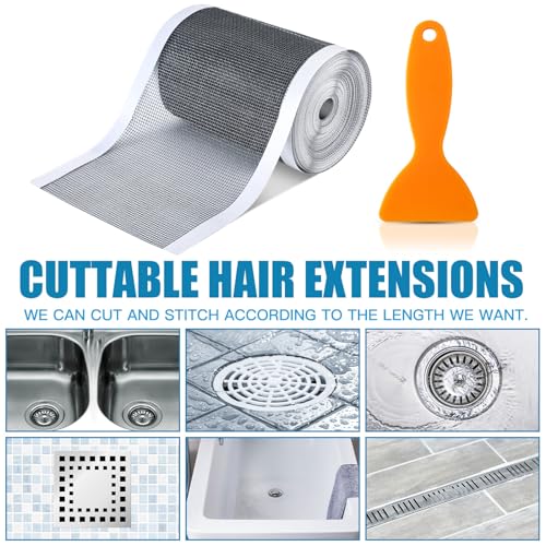 1 Pack 4 Inch x 33 ft Linear Shower Drain Hair Catcher Screen Disposable Adhesive Cutable Mesh Shower Drain Cover Stickers for Linear DIY Floor with Removal Tool for Bathroom Kitchen Bathtub