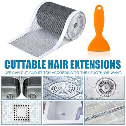 1 Pack 4 Inch x 33 ft Linear Shower Drain Hair Catcher Screen Disposable Adhesive Cutable Mesh Shower Drain Cover Stickers for Linear DIY Floor with Removal Tool for Bathroom Kitchen Bathtub