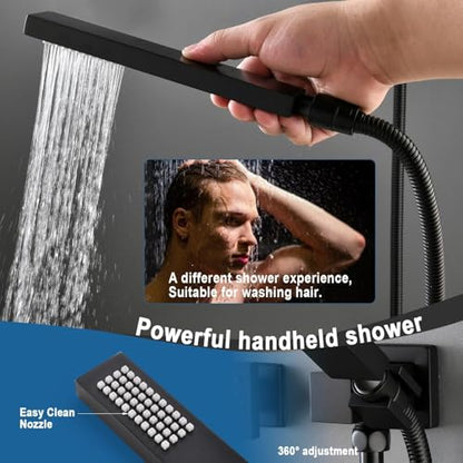 Enga Thermostatic Shower Jets System (Run All Features At Once), 12 Inch LED Rain Shower Wall Mounted with 6 Body Spray Jets and Handheld Shower, Contain Brass Thermostatic Shower Valve, Matte Black - color: Black, style: Wall Mount-6 Jets