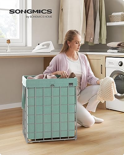 SONGMICS Laundry Hamper, 23.8 Gal. (90L) Laundry Basket, Collapsible Clothes Hamper, Removable and Washable Liner, Metal Wire Frame, for Bedroom Bathroom, Silver and Mint Green ULCB190C01 - color: Silver + Mint Green, size: 90 L