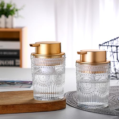 8 Oz Glass Dish Soap Dispenser, Hand Liquid Bottle with Gold Pump | Clear refillable bottle for hand soap, dish soap, lotion. Round design fits kitchen sink & bathroom counter - color: Liquid Dispenser