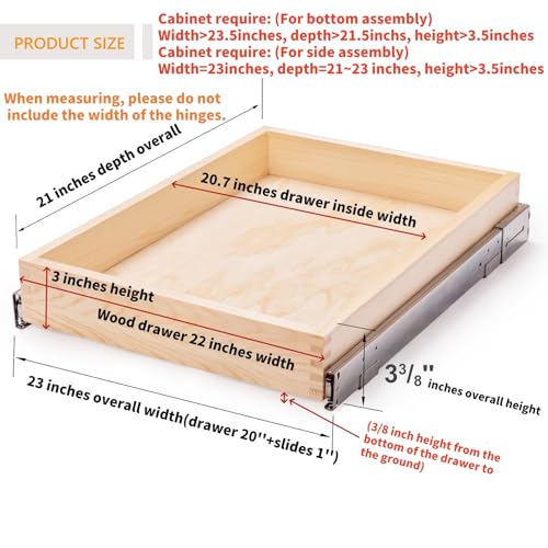 23”W x 21”D x 3”H Soft Close Slide Out Wood Drawer Organizer for Kitchen, Bottom and Side Assembly (Cabinet Opening>23.5 inches for Bottom Assembly, Opening= 23 inches for Side Assembly) - size: 23''W x 21''D