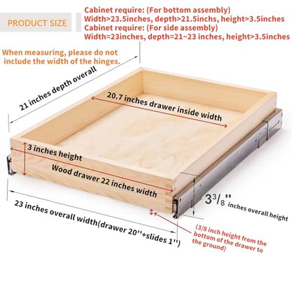 23”W x 21”D x 3”H Soft Close Slide Out Wood Drawer Organizer for Kitchen, Bottom and Side Assembly (Cabinet Opening>23.5 inches for Bottom Assembly, Opening= 23 inches for Side Assembly) - size: 23''W x 21''D