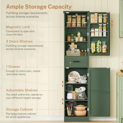 Kitchen Pantry Cabinet with 3 Door Shelves & 1 Drawer, Narrow Bathroom Cabinet with Adjustable Shelves, Tall Storage Cabinet for Living Room, Bathroom, Entryway, Green - color: Green