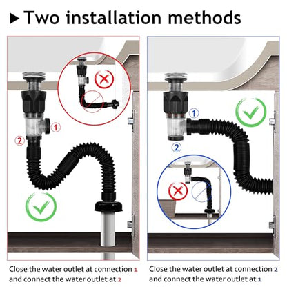 Bathroom Sink Drain Kit, with Flexible Expandable P-Trap Sink Drain Pipe, Fits 1-1/4",1-1/2" and 2'' Drain Hole, Built-in Anti-Clogging Stopper, Anti-Odor Without Overflow - color: Black Without Overflow, style: 1 Pack