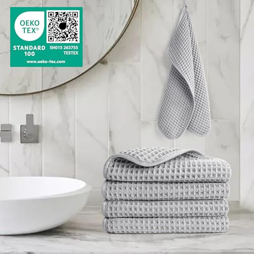 POLYTE 430 GSM Microfiber Lint Free Washcloth Face Towel, 13 x 13 in, 4 Pack (Waffle Weave) - color: Light Gray