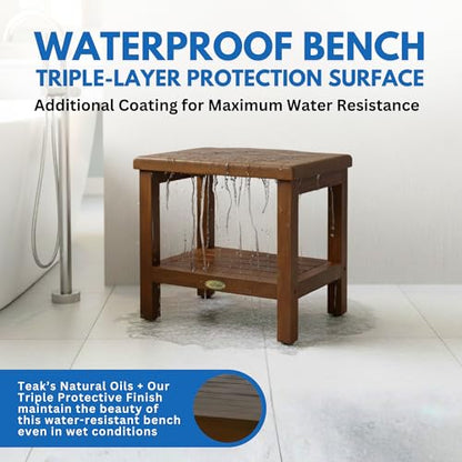 DecoTeak Eleganto 18" Teak Shower Bench with Shelf, Waterproof Stool | Shower bench with adjustable feet and non-slip rubber pads provides stable support on wet or uneven shower floors - size: 18" Length x 14" Width x 18" Height