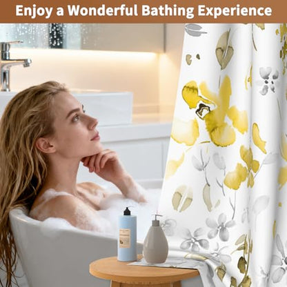 No Hook Watercolor Floral Shower Curtain with Liner, Bathroom Hook-free Shower Curtain and Snap in Liner Set, Farmhouse Waterproof Shower Curtains with Sheer Top Window and Weighted Hem, 71x74 Inches - color: Yellow Wildflower