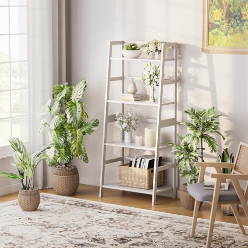HITNET Ladder Shelf, 4 Tier Bookshelf, Floor Standing Bathroom Storage Rack with Bamboo Frame, Home Office Open Display Bookcase, White - color: White