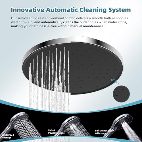 10'' Rain Shower Head Combo with 3 Handheld Sprays, Chrome | cUPC Certified Self-cleaning High Pressure Shower Head, All Metal Extension Arm, Easy Reach 4-way Diverter, 71" Hose & Holder - color: Chrome