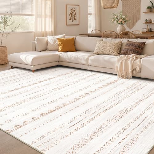 Nakagishi Boho 7x9 Area Rug Living Room Rugs Machine Washable Brown | Soft, Pet & Kid Friendly, Carpet for Living Room/Bedroom/Office/Kitchen/Nursery, Daily Home Decor Stain Resistant Moroccan - color: Beige Brown, size: 7' X 9' (Rectangular)
