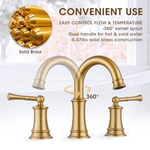 Gold Bathroom Faucet,Bathroom Faucet 3 Hole,Bathroom Sink Faucet | Brass Bathroom Faucet,Brushed Gold Bathroom Faucet 8 Inch With Pop-Up Drain And 2 Supply Hoses For Vanity Lavatory - color: Gold