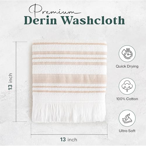 Chakra Derin 40% Rayon Derived from Bamboo 60% Turkish Cotton Bath Towels Set, 3-Piece Luxury 13"x13" Washcloth, 20''x30'' Hand & 30"x56" Bath Towel Set for Bathroom, White/Beige - color: White/Beige - Derin, size: 3-Piece Set - (13"x13", 20''x30'', 30"x5