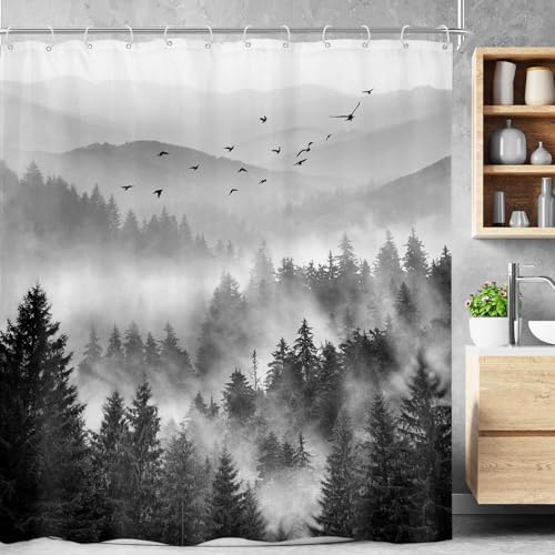 Mountain Black Pine Tree Nature Scenery Bathroom Shower Curtain Set | 60"W x 72"L shower curtain， Woodland Landscape: HD waterproof print, quick-dry cloth, free hooks for easy installation. - color: A-03black, size: 60"W x 72"L (Pack of 1)