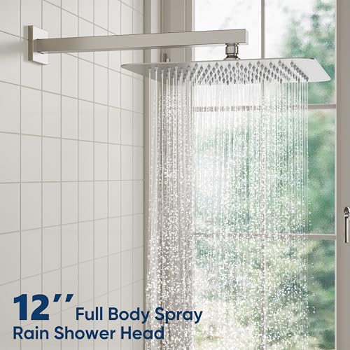 ESNBIA Shower System, 12 Inches Pressure Balance Shower Faucet Set, Rain Shower Heads with Handheld Spray Combo, High Pressure Rainfall Shower Head System, Wall Mounted Shower Fixtures, Brushed Nickel - color: Brushed Nickel, style: 12 Inches