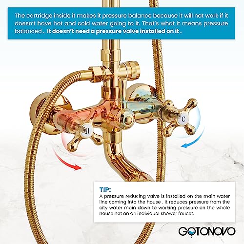 gotonovo Exposed Shower System with Spout,Polished Gold,No Shower Shelf | Brass Shower Faucet Set,8’’ Rain Head with Handheld Spray,Swivel Tub Spout,2 Cross Handle,6’’ Hole Distance,Adjustable Height - color: Bright Gold