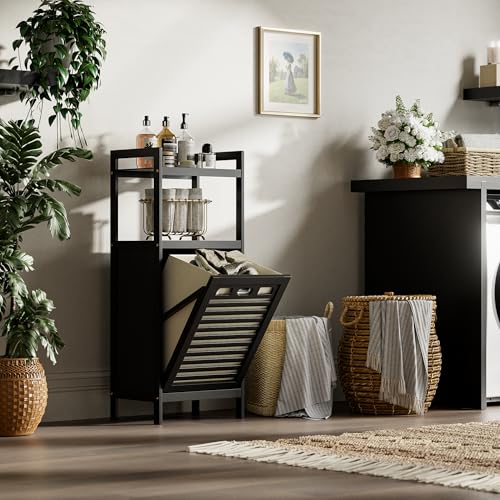 HITNET Tilt Out Laundry Hamper, Bamboo Bathroom Cabinet with Pull Out Removable Bag and 2 Tier Storage Shelves, 10 Gal Clothes Basket with Metal Handle, Black - color: Black