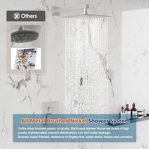 Kurpot Shower System, 10'' High Pressure Brushed Nickel Shower Head with Handheld Spray Combo, Included 59'' Shower Hose, Shower Trim Kit and 2-IN-1 Diverter, Bathroom Shower Faucet Set with Valve - color: Brushed Nickel