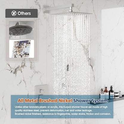 Kurpot Shower System, 10'' High Pressure Brushed Nickel Shower Head with Handheld Spray Combo, Included 59'' Shower Hose, Shower Trim Kit and 2-IN-1 Diverter, Bathroom Shower Faucet Set with Valve - color: Brushed Nickel