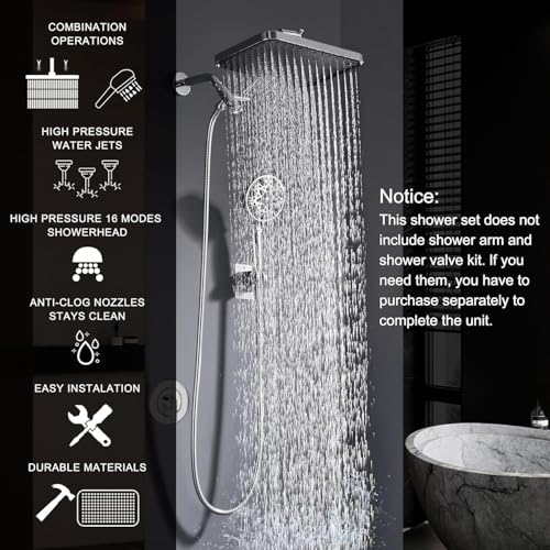 14 Inch Square Rain Shower Head Combo, 7 Settings Handheld Spray, Water Saving with Check Valve, Anti-Clog Nozzles, Tool-Free Installation for Bathroom Upgrade