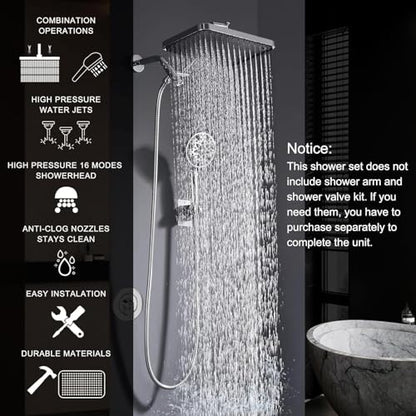 14 Inch Square Rain Shower Head Combo, 7 Settings Handheld Spray, Water Saving with Check Valve, Anti-Clog Nozzles, Tool-Free Installation for Bathroom Upgrade