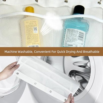 2PCS Mesh Shower Organizer Hanging,Shower Curtain Liner Pockets Hanging with Pockets Quick Dry Cruise RV Camper Bathroom Organizer with Shower Curtain Hooks - size: 2 Pack | White