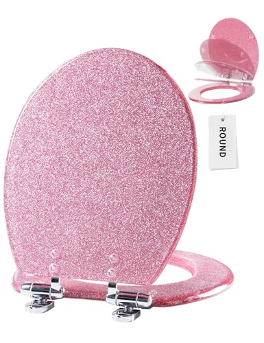 Angol Shiold ROUND Resin Soft Close Toilet Seat Pink Glitter16.5" | Quick Release Heavy Duty Acrylic Decorative Toilet Seats Easy to Install & Clean (Pink Glitter) - color: Pink Glitter