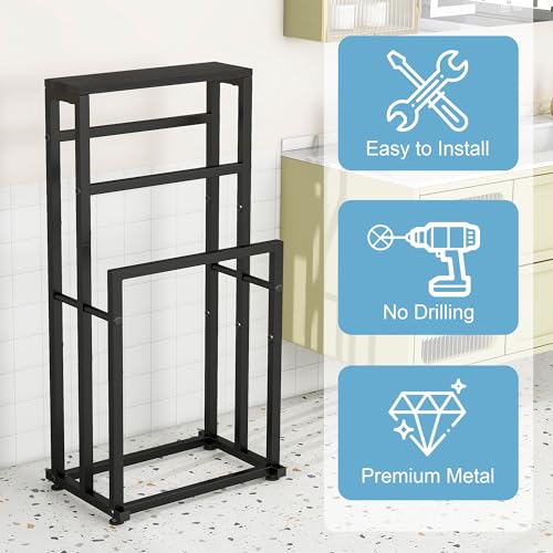 Free Standing Towel Rack for Bathroom, 3 Tier Metal Blanket Rack with Shelf, Blanket Drying and Display Rack for Oversized Bath Towels Bathroom Accessories, Next to Tub or Shower, Black