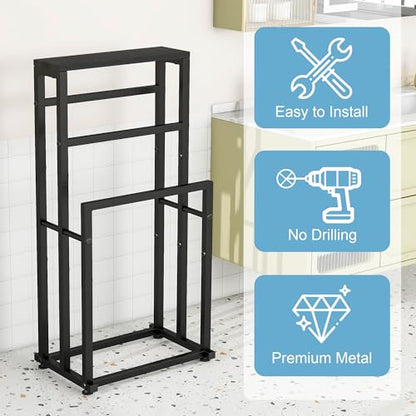 Free Standing Towel Rack for Bathroom, 3 Tier Metal Blanket Rack with Shelf, Blanket Drying and Display Rack for Oversized Bath Towels Bathroom Accessories, Next to Tub or Shower, Black