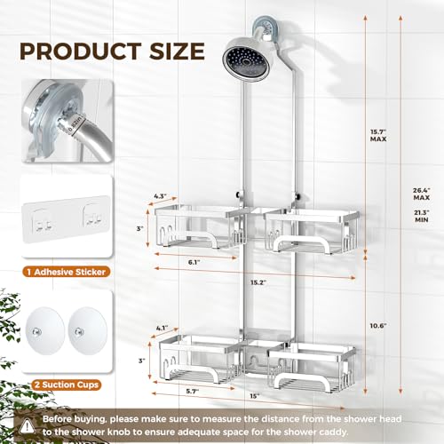 REINHARDT Split Shower Caddy Hanging for Handheld Showerheads, Silver | Adjustable Shower Organizer, Rustproof, 16 Hooks, Soap Holder, 40lbs Capacity, Anti-Slip, Tool-Free, Bathroom Accessories - color: Silver