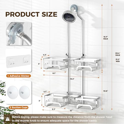 REINHARDT Split Shower Caddy Hanging for Handheld Showerheads, Silver | Adjustable Shower Organizer, Rustproof, 16 Hooks, Soap Holder, 40lbs Capacity, Anti-Slip, Tool-Free, Bathroom Accessories - color: Silver