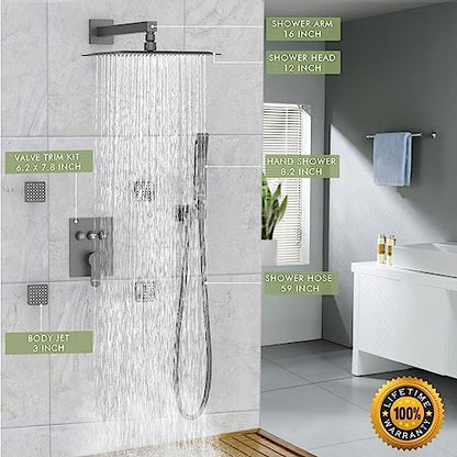 Shower System with Body Jets,Bostingner Shower Faucet Sets 12" Rain Shower Head with Handheld Spray, Can Use at Same Time, Push Button Diverter Shower Sets Complete, Matte Black - color: Matte Black, size: 12 Inch