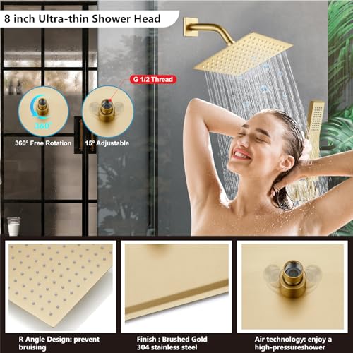 Midanya Shower Faucet Set with Handheld Sprayer,8 Inch,Brushed Gold | Rough-in Shower Valve and Trim Kit Included,Square Rain Head,Wall Mount Shower System,All Metal,Bathroom - color: Gold, size: 8 Inch
