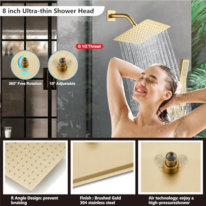 Midanya Shower Faucet Set with Handheld Sprayer,8 Inch,Brushed Gold | Rough-in Shower Valve and Trim Kit Included,Square Rain Head,Wall Mount Shower System,All Metal,Bathroom - color: Gold, size: 8 Inch