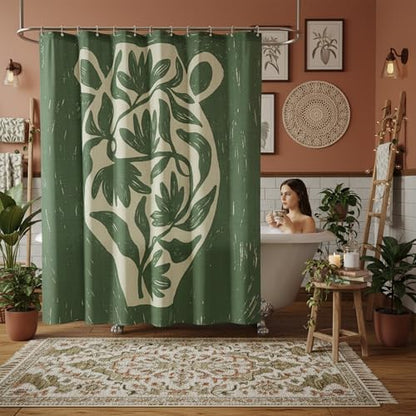 Tropical Green Flower Linen Shower Curtain Set with Liner,72"Wx72"L | Double Layer Shower Curtain Waterproof Fabric with Zippered Removable PEVA Liner,Boho Shower Curtain for Bathroom,Free Hooks - color: Green Vase Floral