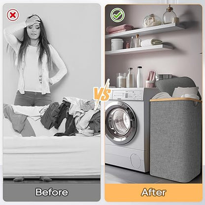 BALEINE Laundry Hamper with Lid, Tall Laundry Baskets with Bamboo Pull Handles, Large Laundry Bin with Internal Support (26 Gal/100L, Grey) - color: Grey, size: 100 liters
