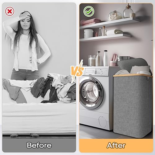BALEINE Laundry Hamper with Lid, Tall Laundry Baskets with Bamboo Pull Handles, Large Laundry Bin with Internal Support (18 Gal/70L, Grey) - color: Grey, size: 70 liters