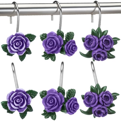 12 Pcs Purple Rose Shower Curtain Hooks Cute Purple Rose Decorative Curtain Rings Bulk Hanger Stainless Steel Resin Spring Flowers Themed Hooks for Bathroom Bedroom Living Room Home Decor - style: Purple Rose