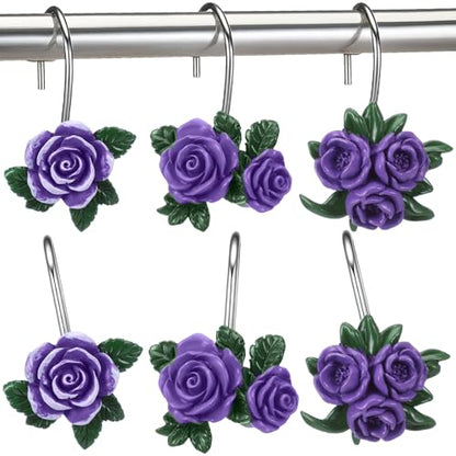 12 Pcs Purple Rose Shower Curtain Hooks Cute Purple Rose Decorative Curtain Rings Bulk Hanger Stainless Steel Resin Spring Flowers Themed Hooks for Bathroom Bedroom Living Room Home Decor - style: Purple Rose