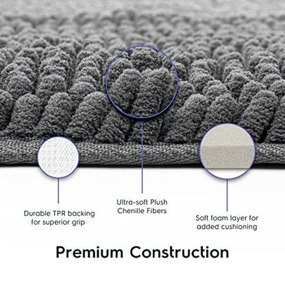 Bathroom Rugs, Extra-Thick Memory Foam Bath Mat, Ultra-Soft Chenille Microfiber, Highly Absorbent, Machine Washable, Shaggy Bath Mats for Bathroom, Non-Slip (21"x32") Space Grey