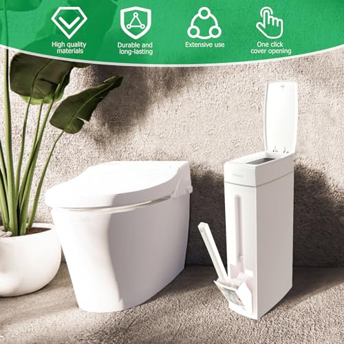 Bathroom Trash Can and Toilet Brush Set, Narrow Slim Can With Pop-up Lid, Modern White Mini Rectangular Bin for Limited Small Space