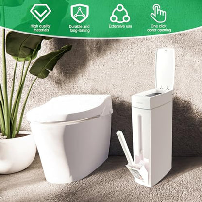 Bathroom Trash Can and Toilet Brush Set, Narrow Slim Can With Pop-up Lid, Modern White Mini Rectangular Bin for Limited Small Space
