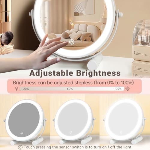 YEKKOPT Travel Vanity Mirror with Lights, 8" Small LED Makeup Mirror with Lights,360°Rotation Dimmable Portable Desk Round Mirror for Dressing Room & Bedroom,Folding Stand, White - size: 8"x8"