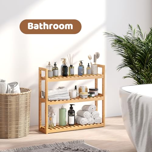 Bamboo Organizer Rack - Adjustable 3-Tier Storage Shelf, Wall Mounted or Over The Toilet, Living Room, Kitchen (Natural) - color: Natural