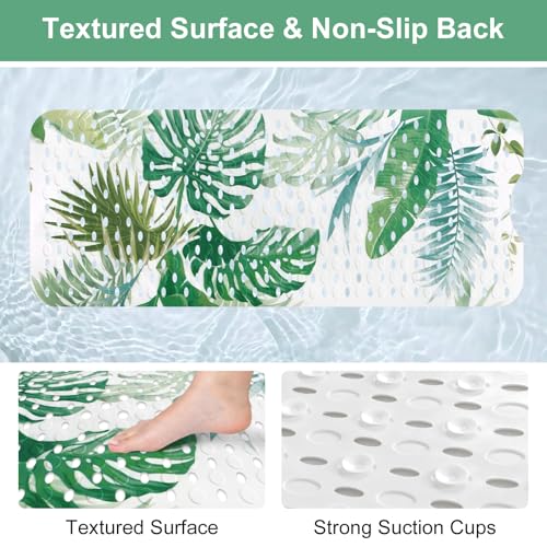 Shower Mat Non Slip, Yonala Premium Anti Slip Stylish Bath Tub Mat, 40 x 16 Inch Extra Large Bathtub Mat with Suction Cups and Drain Holes, Machine Washable - color: Green Monstera