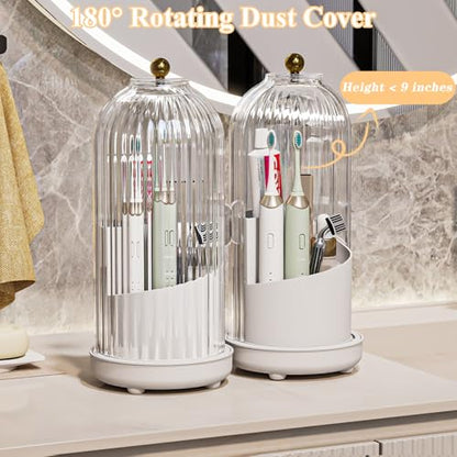 Drainable Toothbrush Toothpaste Holders with Cover, Transparent | Drainage Holes, Waterproof and Dustproof, 360° Rotating Base, Sliding Door, for Bathroom Counter - color: Transparent