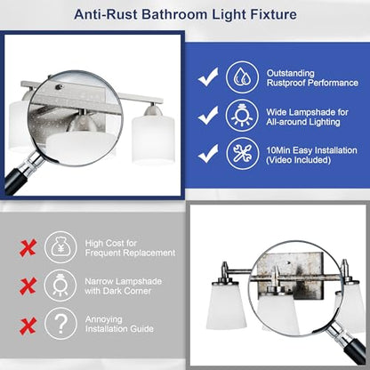 Bathroom Lighting Fixtures Over Mirror Brushed Nickel, Anti-Rust 3-Light Bathroom Vanity Lights, Modern 18Inches Wall Sconces E26 Base, Milky White Glass Shades, Bulbs Not Included - color: Brushed Nickel-3Light