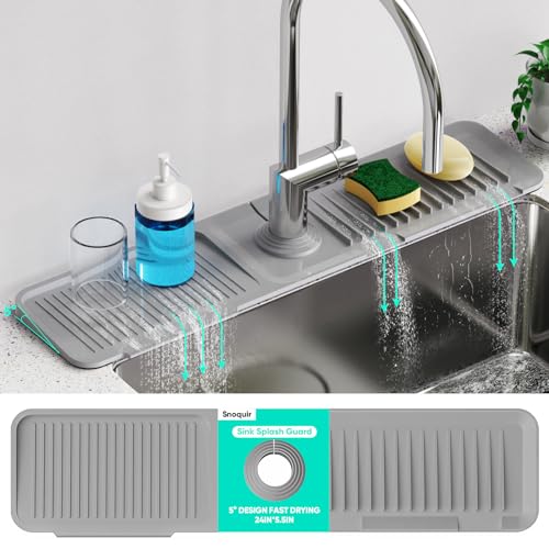 24 Inch Longer Faucet Mat for Kitchen Sink [5° Slope Fast Self-draining]Bathroom Kitchen Sink Splash Guard Silicone Sinks Faucet Mat Splash Guard for Kitchens Sinks Area Tidy Splashs Draining Mats - color: Gray, size: 24" x 5.5"