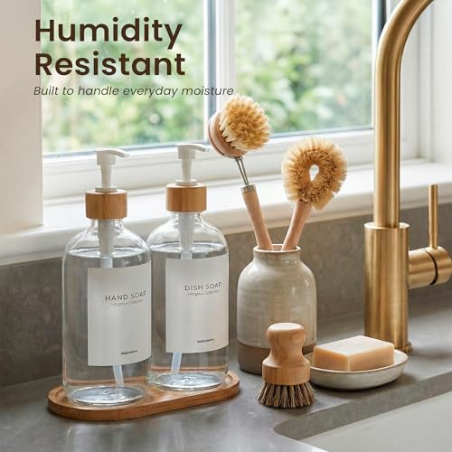 Maisonovo Dish Soap Dispenser Set - Clear Soap Dispenser White Bamboo Pumps | Glass bottles for body wash, lotion, shampoo or conditioner · Sink, bathroom or countertop · Tray, 16.9 oz each - color: Clear Bottles White Bamboo Pumps
